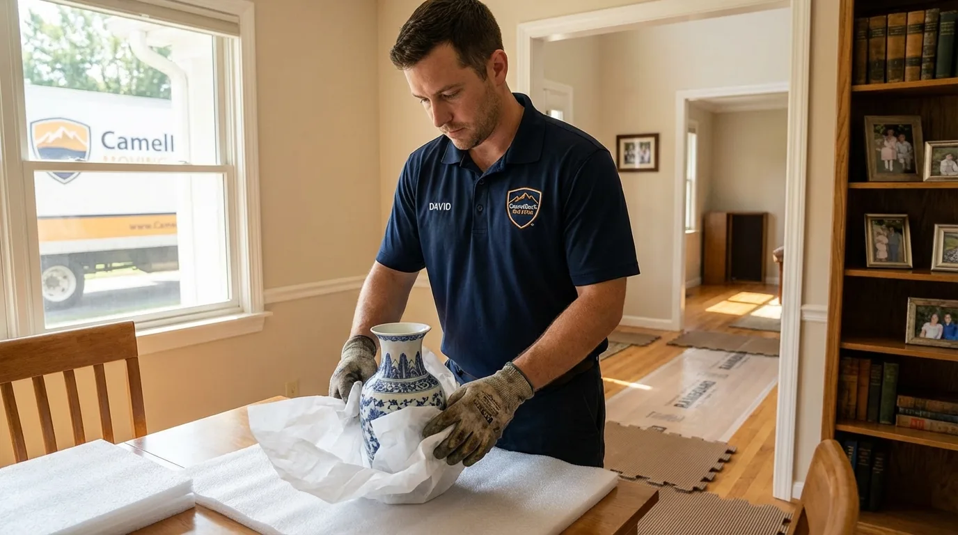 Professional crew carefully wrapping antique vase for senior downsizing move in Crittenden, KY